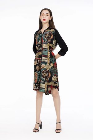 Đầm sơ mi họa tiết tay dài